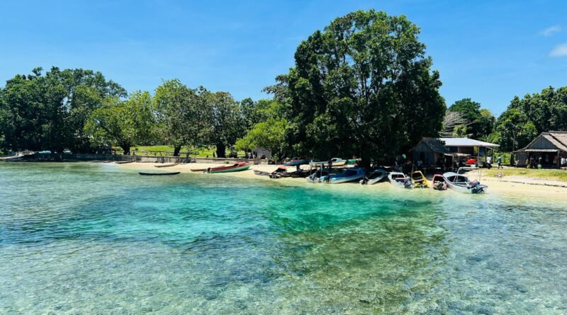 tropical beach with boats and crystal clear water