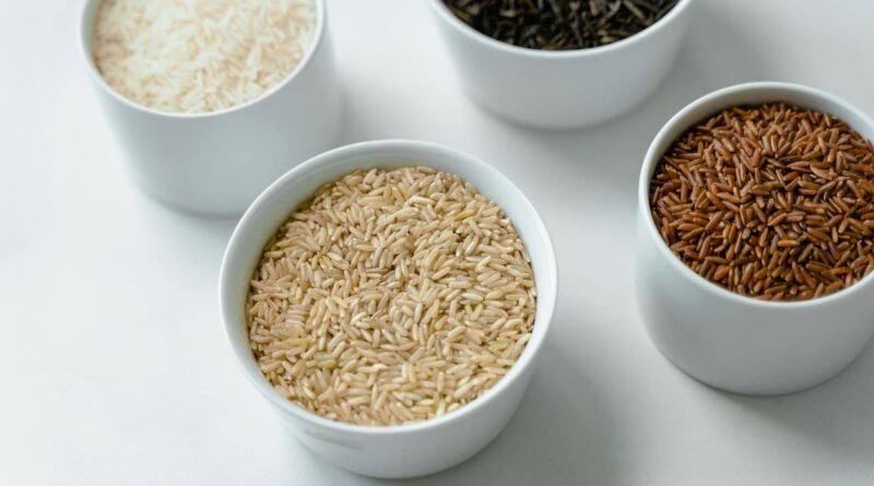 close up of variety of rice in bowls