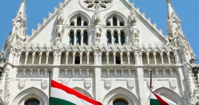 Hungarian parliament with flags of hungary in the front
