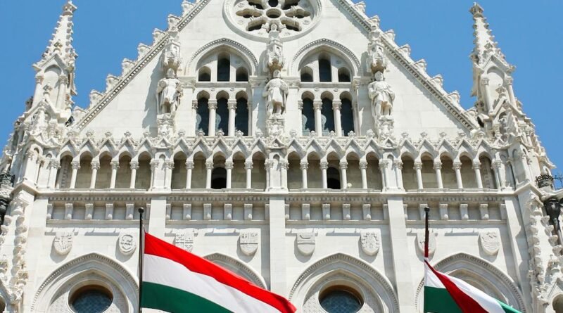 Hungarian parliament with flags of hungary in the front