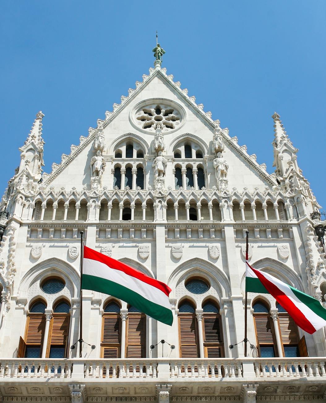 Hungarian parliament with flags of hungary in the front