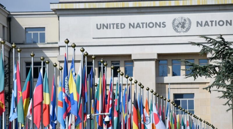 flags of countries in front of the united nations office at geneva