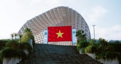 flag of vietnam at da n ng architectural landmark