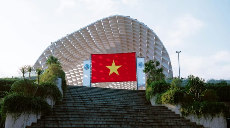 flag of vietnam at da n ng architectural landmark