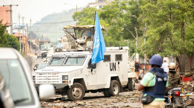 un armored vehicle in urban conflict zone