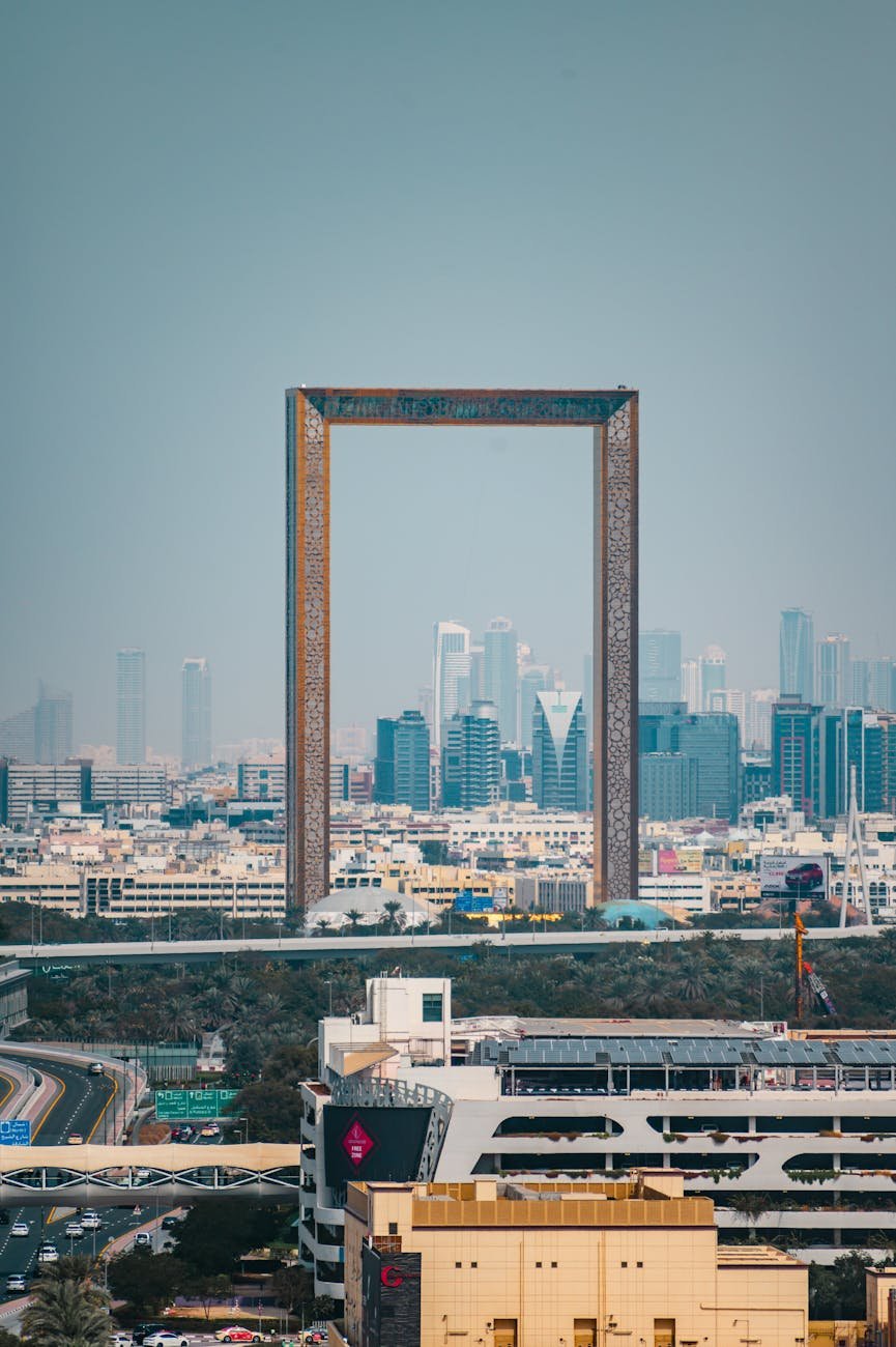 dubai frame with city skyline in background