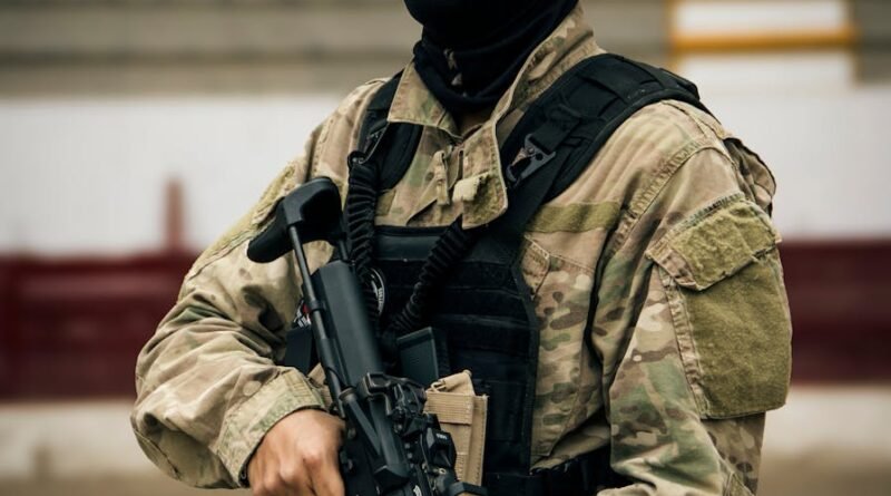 tactical soldier in camo gear holding rifle