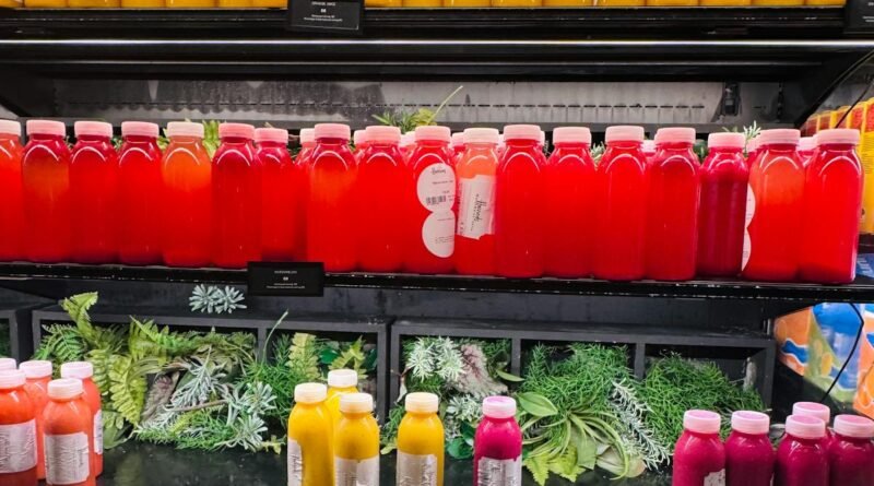 vibrant display of assorted juice bottles