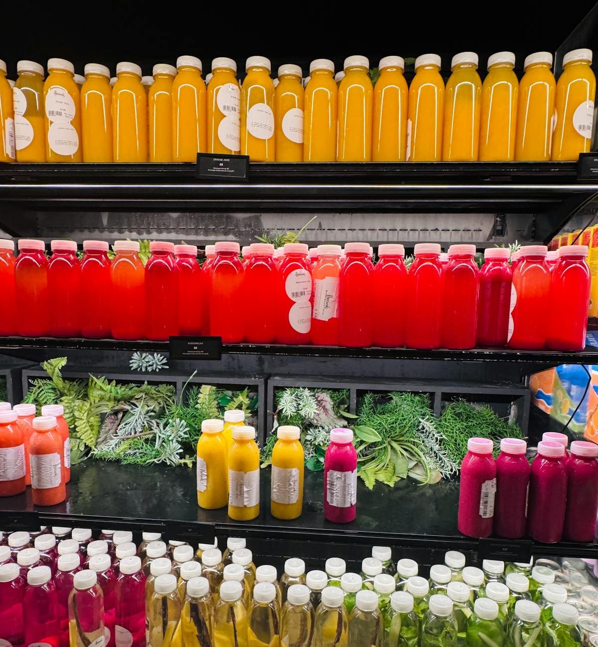 vibrant display of assorted juice bottles