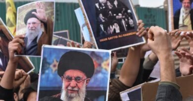 crowd holding iranian leadership posters in protest