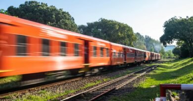orange train speeds through lush countryside