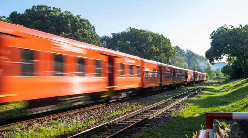 orange train speeds through lush countryside