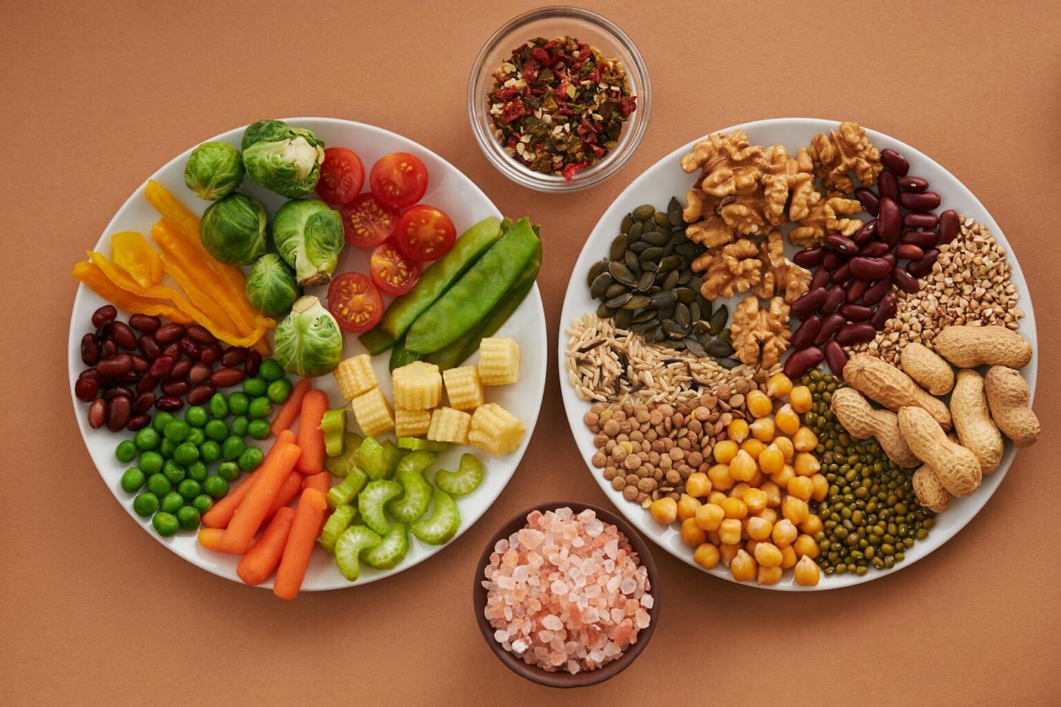 vegetables seeds and nuts on plates