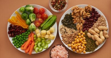 vegetables seeds and nuts on plates