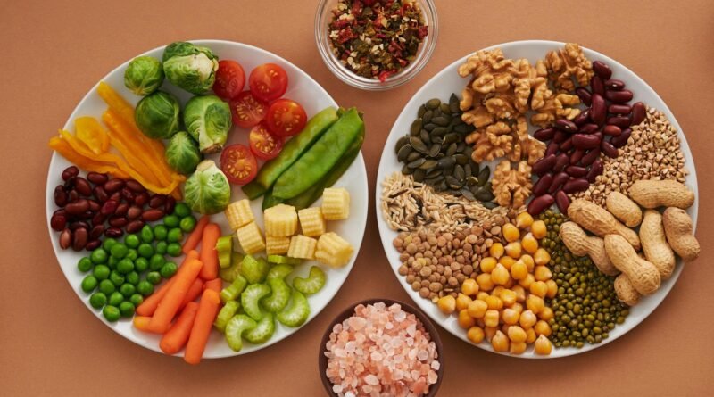 vegetables seeds and nuts on plates