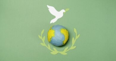 a globe and paper cutouts on a green surface
