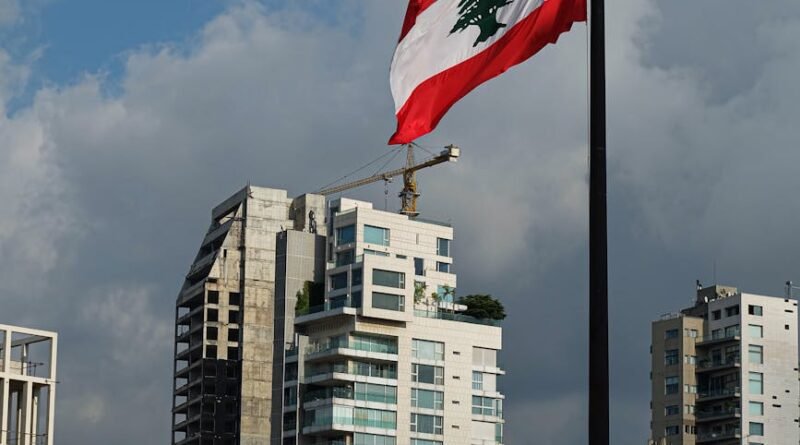lebanese flag and urban skyline in beirut