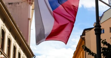 czech flag waving in prague city street scene