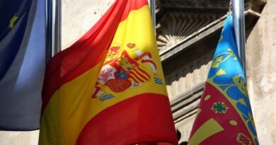 Spain Declares First-Ever National Emergency Over Wildfires as Thousands Evacuate close up of flags on the background of a building