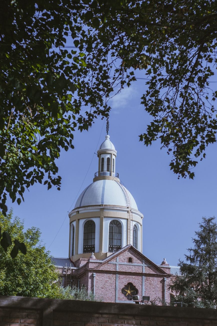 a dome of a building seen from between the trees