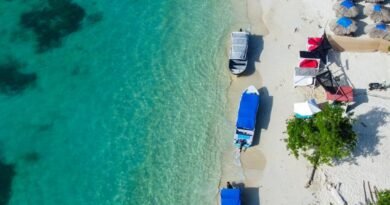 aerial view of tropical beach with boats and umbrellas