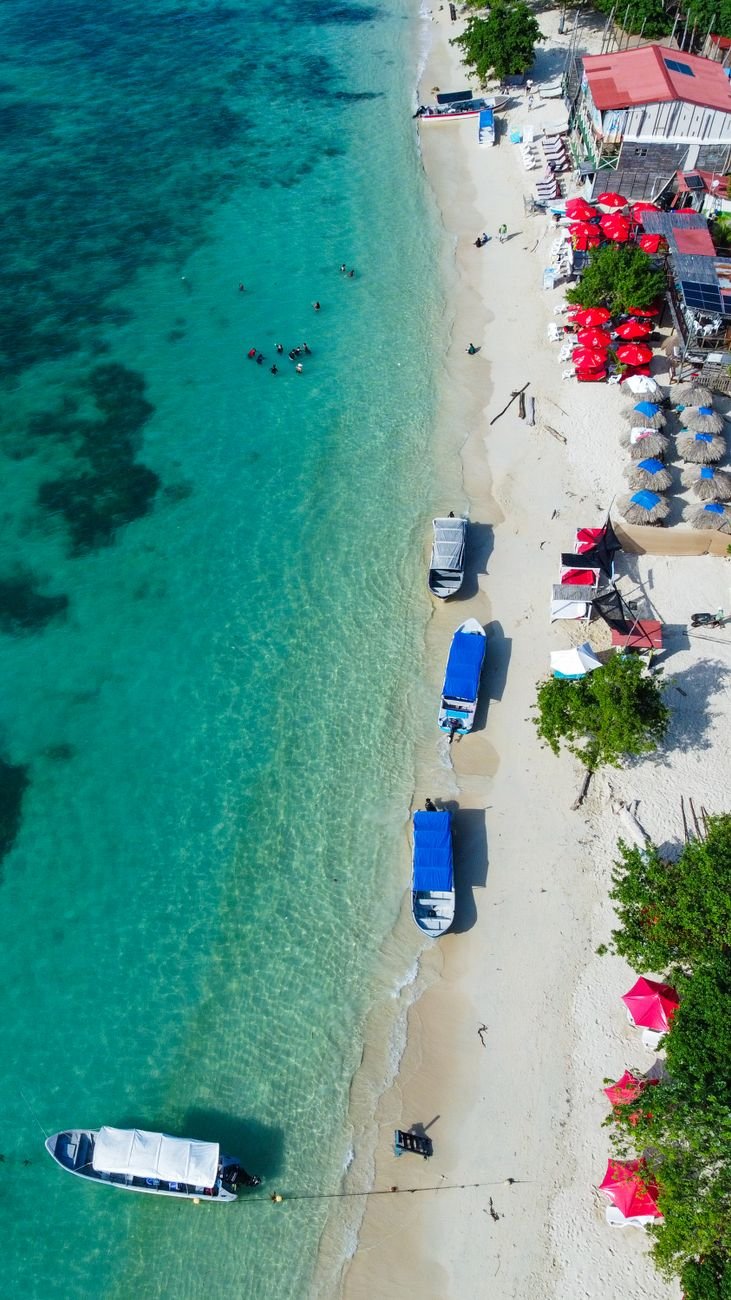 aerial view of tropical beach with boats and umbrellas
