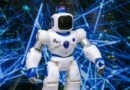 white robot action figure on blue string lights